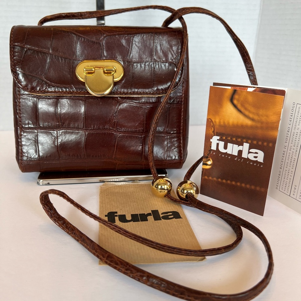 Furla Mini Brown Croc Embossed Crossbody. Genuine Leather (Project Piece) M.B.O.